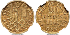 Geneva. Canton gold 20 Francs 1848 AU55 NGC, KM140, Fr-263, HMZ-2-361a. From a mintage of just under 3,500 pieces and a perennially sought-after type ...