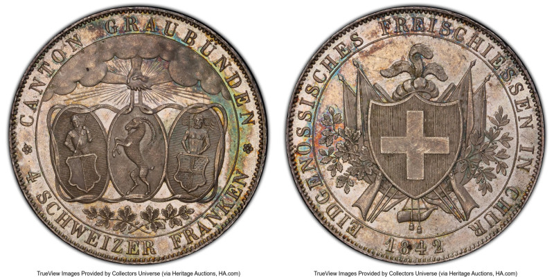 Graubunden. Canton "Chur Shooting Festival" 4 Franken 1842 MS64 PCGS, Munich min...