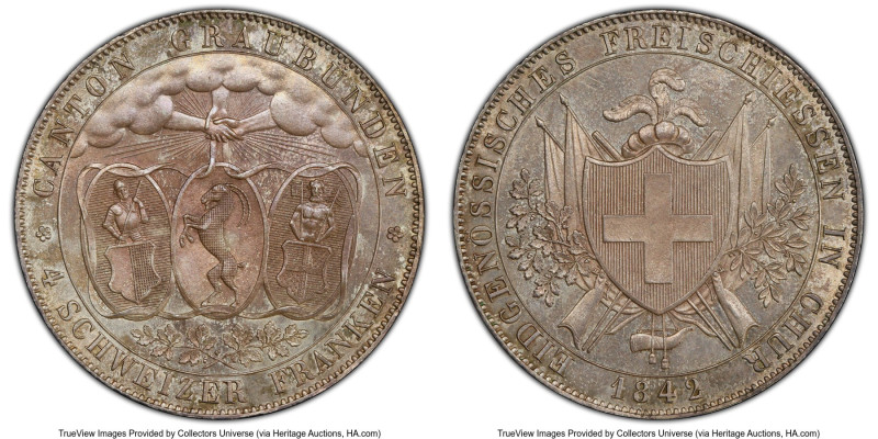 Graubunden. Canton "Chur Shooting Festival" 4 Franken 1842 MS64 PCGS, Munich min...