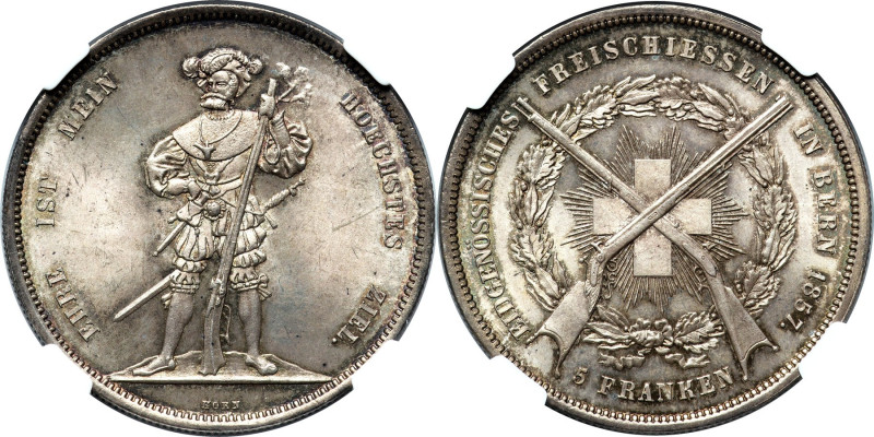 Confederation "Bern Shooting Festival" 5 Francs 1857 MS66 NGC, KM-XS4. An ever-p...