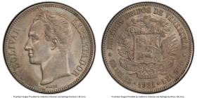 Republic 5 Bolivares "Narrow Date" 1921-(p) MS64 PCGS, Philadelphia mint, KM-Y24.2. A rather common Venezuelan Crown-type that is decidedly uncommon i...