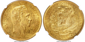 Republic gold 100 Bolivares 1889 MS61 NGC, Caracas mint, KM-Y34, Fr-2. Final year of issue. A popular and conditionally challenging Latin American iss...