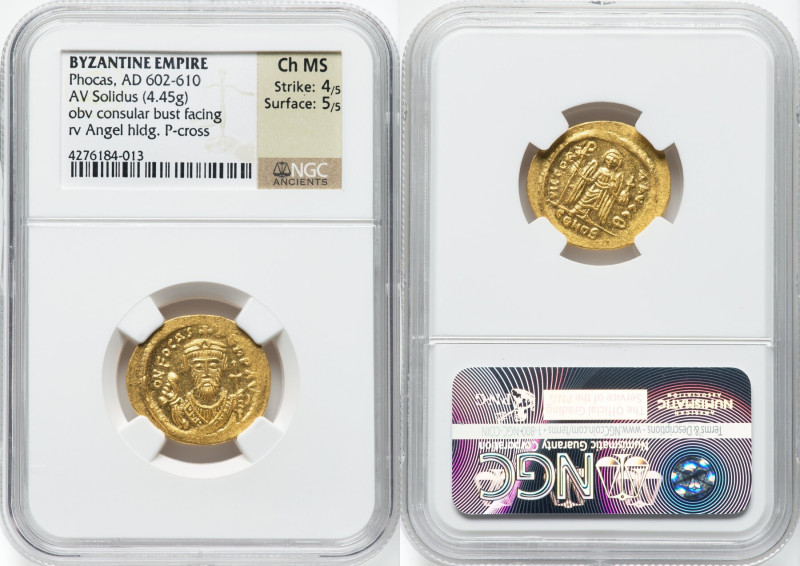 Phocas (AD 602-610). AV solidus (22mm, 4.45 gm, 7h). NGC Choice MS 4/5 - 5/5. Co...