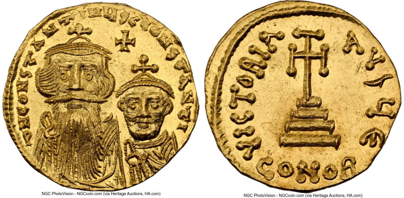 Constans II Pogonatus and Constantine IV (AD 654-668). AV solidus (19mm, 4.27 gm...