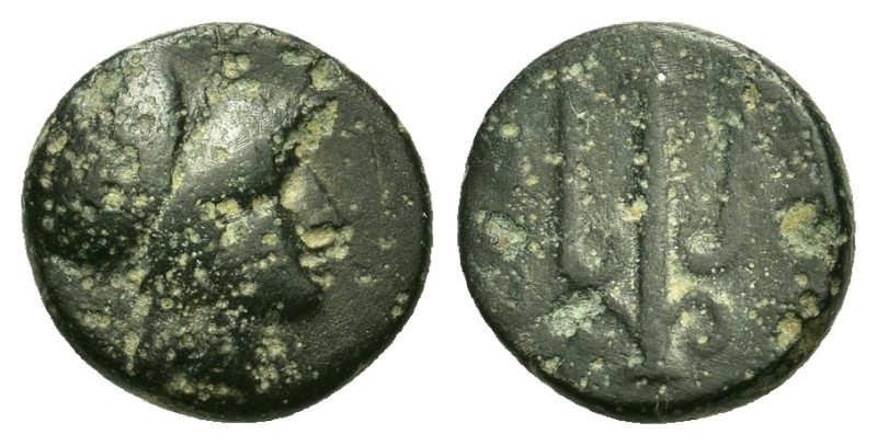 Macedon, Potidaia, c. 400-356 BC. Æ (12,6mm, 2.1g). Helmeted head of Athena to r...