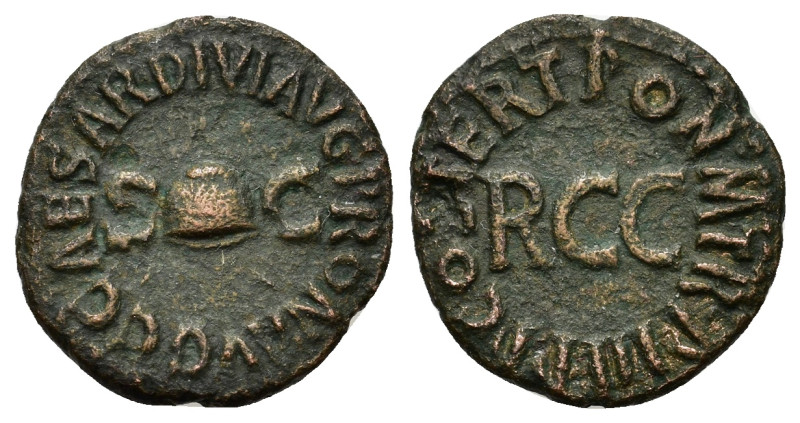 Gaius (Caligula, 37-41). Æ Quadrans (18.5mm, 2.80g). Rome, 40-1. Pileus between ...