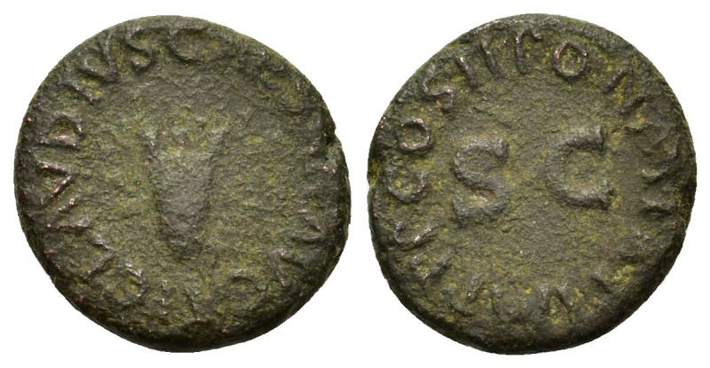 Claudius (41-54). Æ Quadrans (17mm, 3.50g). Rome, AD 41. Three-legged modius. R/...