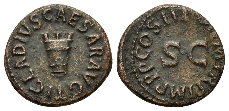 Claudius (41-54). Æ Quadrans (18mm, 3.20g, 6h). Rome, AD 41. Three-legged modius...