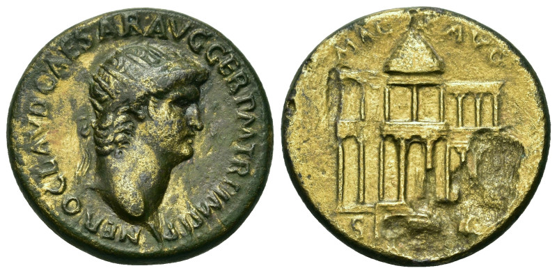 Nero (54-68). Æ Dupondius (28mm, 14.90g). Rome, c. AD 64. Radiate head r. R/ Faç...