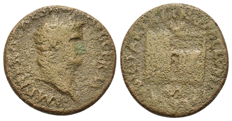 Nero (54-68 AD). Æ As (25,7mm, 9.8g). Rome, AD 66. Laureate head r. R/ Temple of...