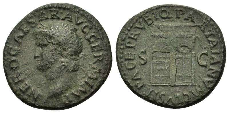 Nero (54-68). Æ As (26mm, 9.20g). Rome, AD 66. Laureate head l. R/ Temple of Jan...