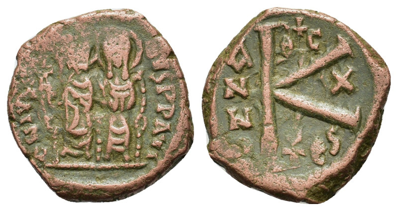 Justin II (565-578). Æ Half Follis (19mm, 5.60g). Thessalonica. Justin II and So...