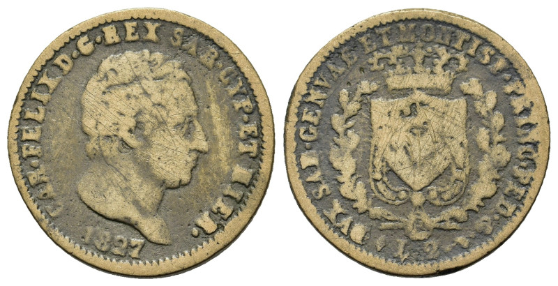 Italy. Savoia. Carlo Felice (1821-1831). Æ Lire 2 1827 (31,6mm, 8g). Torino. Mod...