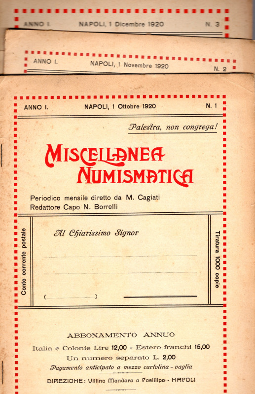 AA.VV. MISCELLANEA NUMISMATICA. Anno I. 1920. 3 fascicoli, completo. pp. 44, ill...