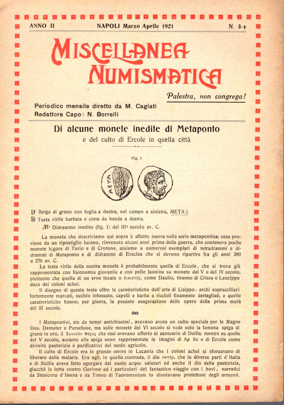 AA.VV. MISCELLANEA NUMISMATICA. Anno II N. 3\4 Marzo-Aprile, 1921. pp. 33 - 58, ...