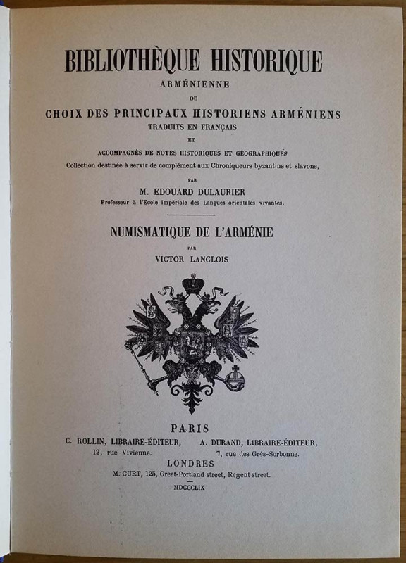 Langlois V., Numismatique de l'Arménie. Forni reprint, 1979. Hardcover, 87pp., 4...