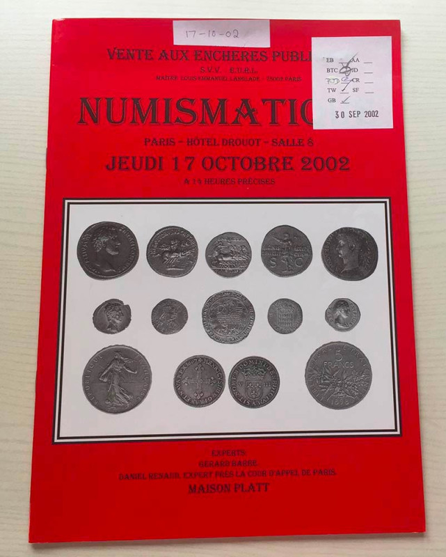 Maison Platt Numismatique Paris 17 Octobre 2002. Brossura ed. lotti 275, tavv. 8...