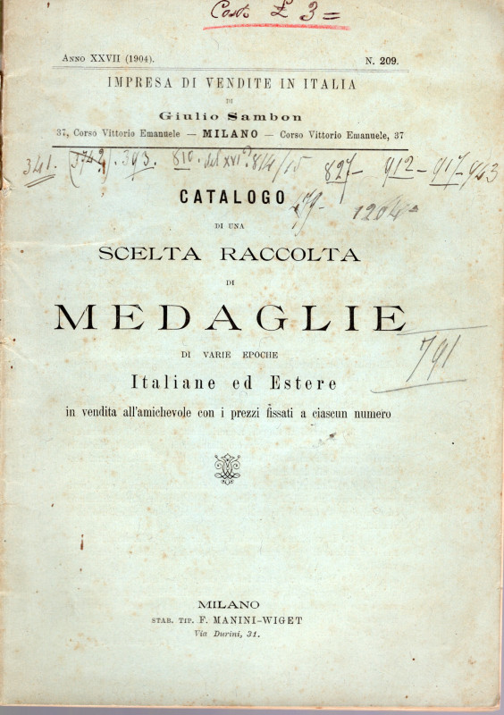 SAMBON G. - Catalogo a prezzi fissi di una scelta raccolta di medaglie. Milano, ...