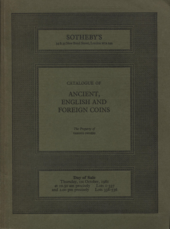 SOTHEBY’S. – London, 1 – October, 1981. Catalogue of ancient, english and foreig...