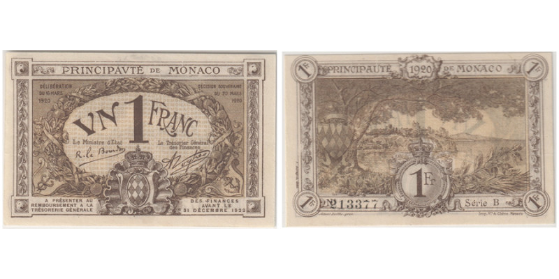 Billet de 1 Franc Brun 1920, Monaco
Ref : G. Mc c
Conservation : PCGS UNC 62. Ra...