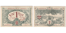 Billet de 1 Franc Bleu 1920, Monaco
Ref : G. Mc c
Conservation : Extremely fine 40 Serial # A-380806