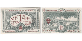 Essai (PATTERN) de 1 Franc Bleu 1920, Monaco
Ref : G. Mc c
Conservation : PCGS CHOICE UNC 63 PPQ. Très Rare
