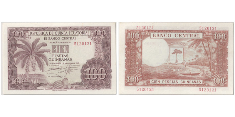 EQUATORIAL GUINEA
Banco Central
100 Pesetas Guineanas - Wmk: Woman's Head, 1969
...