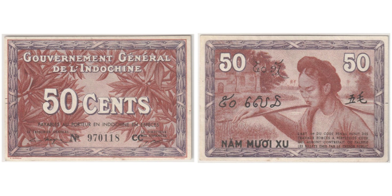 FRENCH INDO-CHINA
Banque de l'Indochine
Billet de 50 Cents - Sign.: Mayet & Caza...