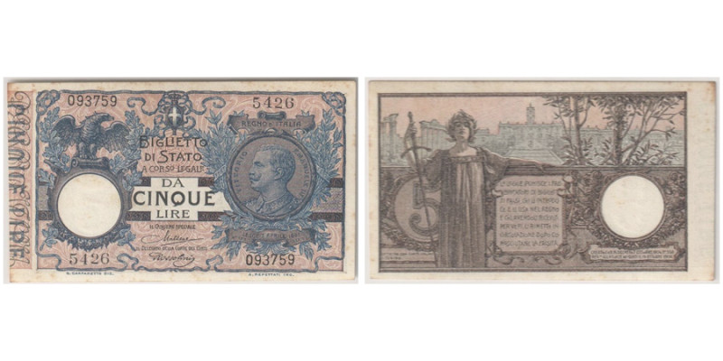 Treasury Biglietti di Stato
5 Lire, 1904 (1922), Sign.: Maltese & Rossolini
Ref ...