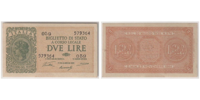 Biglietto di Stato
2 Lire, 1944, Sign.: Ventura, Simoneschi & Giovinco
Ref : Pic...