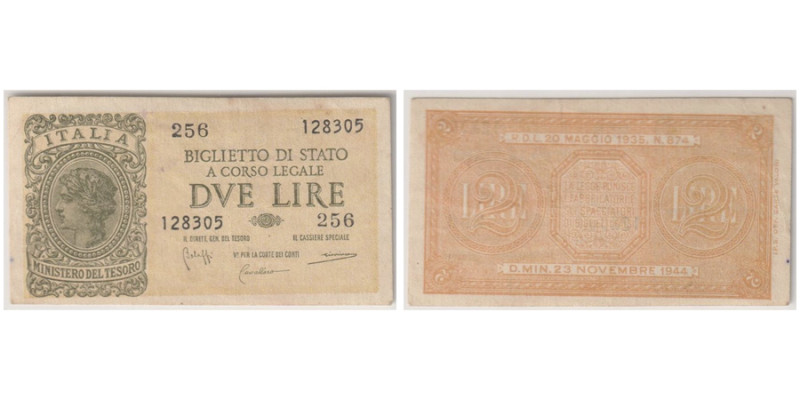 2 Lire, 1944, Sign.: Bolaffi, Cavallaro & Giovinco
Ref : Pick#30b
Conservation :...