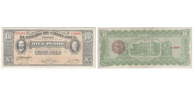 MEXICO-REVOLUTIONARY
El Estado de Chihuahua
10 Pesos, 1915 Series N; 08.10.1915 Scalloped Red Seal
Ref : Pick# S535b M924x
Conservation : PCGS XF 40
S...