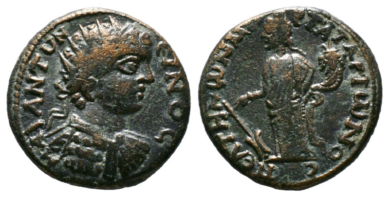 PHRYGIA. Peltae. Caracalla (198-217). Ae. T. Mar. Tat. Arionos, strategos.
Obv: ...