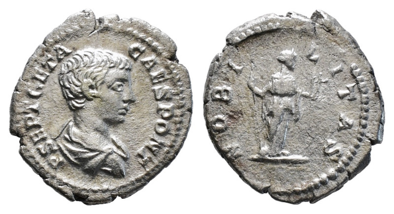 GETA (Caesar, 198-209). Denarius. Rome.
Obv: P SEPT GETA CAES PONT.
Bareheaded a...