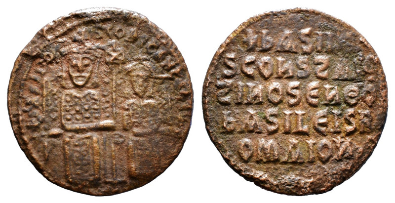 BASIL I THE MACEDONIAN with CONSTANTINE (867-886). Follis. Constantinople.
Obv: ...