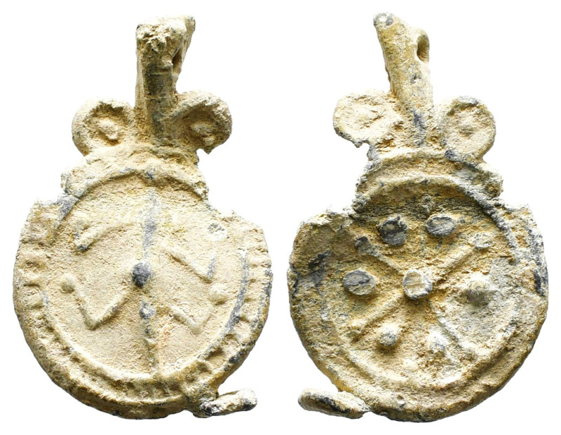 BYZANTINE EMPIRE. Lead Tessera.

Obv: Frog (?) within decorated border.
Rev: Gre...