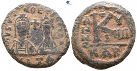 Justin II and Sophia AD 565-578. Dated RY 8=AD 572/3. Carthage. Half follis Æ