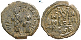 Heraclius with Heraclius Constantine AD 610-641. Dated RY 4=AD 613/4. Constantinople. Follis Æ