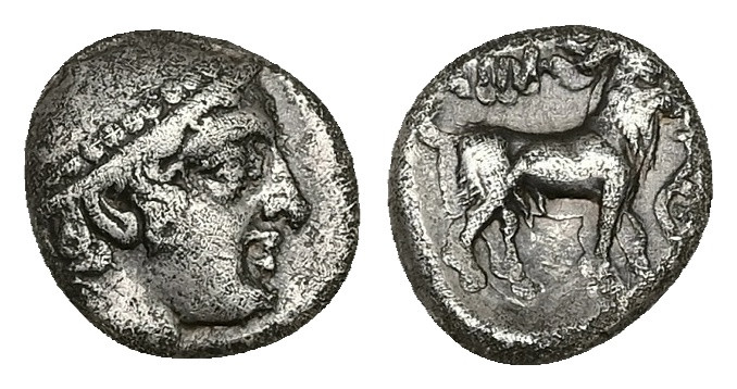 Thrace, Ainos, AR Diobol. 1.25 g 10.56 mm. Circa 427/6-425/4 BC.
Obv: Head of He...