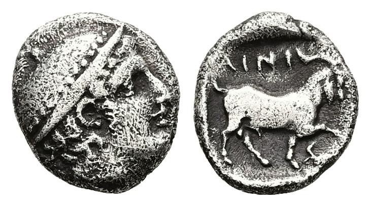 Thrace, Ainos. AR Diobol, 1.17 g 11.57 mm. Circa 408-406 BC.
Obv: Head of Hermes...