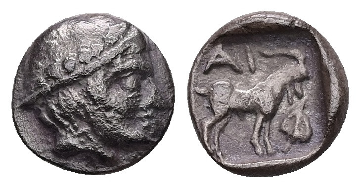 Thrace, Ainos. AR Diobol, 1.25 g 10.79 mm. Late 5th century BC.
Obv: Head of Her...