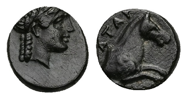 Mysia, Atarneos. Ae, 0.92 g 9.30 mm. Circa 350-300 BC.
Obv: Laureate head of Apo...