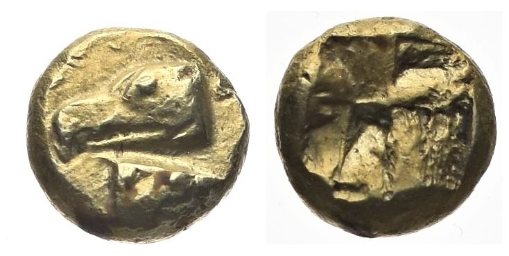 Mysia, Kyzikos EL Hemihekte, 1.36 g 7.87 mm. Circa 530-500 BC.
Obv: Head of eagl...