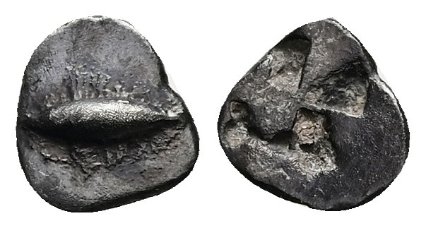 Mysia, Kyzikos. AR Hemiobol, 0.40 g 9.30 mm. Circa 550-480 BC.
Obv: Tunny fish s...