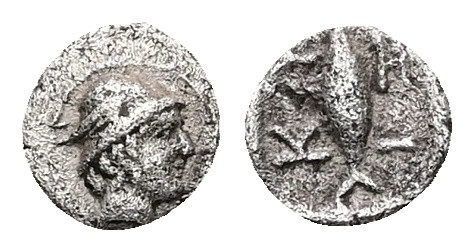 Mysia, Kyzikos. AR Hemiobol, 0.27 g 6.84 mm. Circa 450-400 BC.
Obv: Head of Herm...