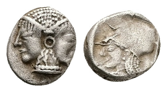 Mysia, Lampsakos. AR Obol, 0.77 g 8.73 mm. Circa 500-450 BC.
Obv: Janiform femal...