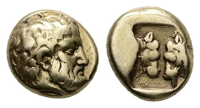 Lesbos, Mytilene. EL Hekte, 2.51 g 10.47 mm. Circa 454-428/7 BC. 
Obv:Wreathed a...