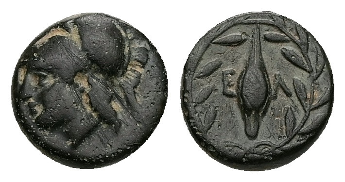 Aeolis, Elaia. Ae, 1.48 g 10.44 mm. Circa Mid 4th-3rd century BC.
Obv: Helmeted ...