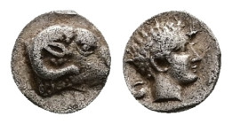 Caria, Kasolaba. AR Hemiobol, 0.42 g 7.17 mm. 4th century BC.
Obv: Young male head right; Carian letter to left and right.
Rev: Head of ram right.
Ref...
