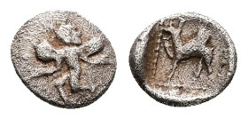 Caria, Kaunos. AR Hemiobol, 0.35 g 7.82 mm. Circa 490-470 BC. 
Obv: Winged Iris with outstretched hands in kneeling-running position to right, head le...